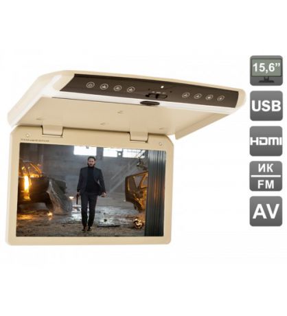 Автомобильный потолочный монитор 15.6" со встроенным FULL HD медиаплеером Avis AVS1550MPP (Бежевый) (+ беспроводные наушники в подарок!)
