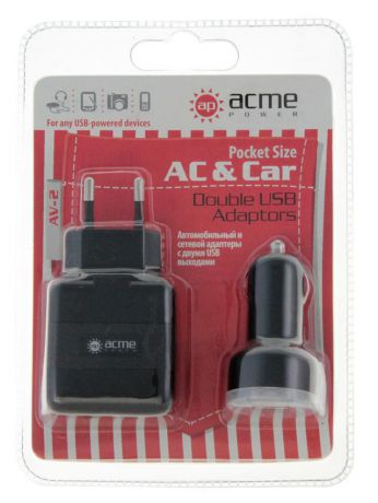 Автомобильный универсальный адаптер питания AcmePower AV-2 (11-13В, 2 USB)