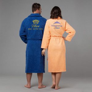 Комплект халатов с именной вышивкой "Царь и Императрица" (синий и персик)