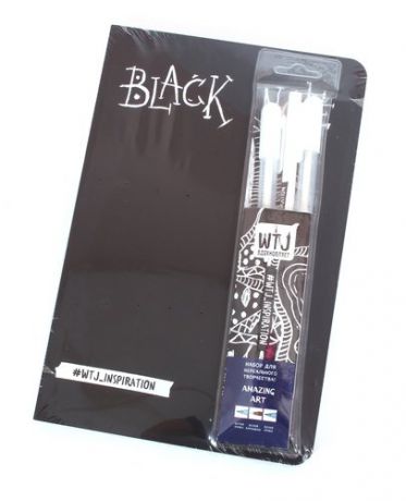 Комплект. Black Note. Креативный блокнот с черными страницами (мягкая обложка) + Комплект из 2-х белых ручек и белого карандаша WTJ_INSPIRATION