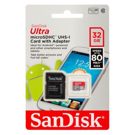 Карта памяти microSDHC UHS-I SANDISK Ultra 80 32 ГБ, 80 МБ/с, 533X, Class 10, SDSQUNC-032G-GN6MA, 1 шт., переходник SD