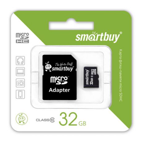 Карта памяти Smartbuy MicroSDHC 32Gb Class 10 + адаптер (черный)