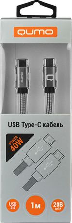 Кабель Qumo, Type С - Type C, 20В, 2А, 40 Вт, USB 2,0, коннектор PVC, 1 м, CC100WtU201m, черный