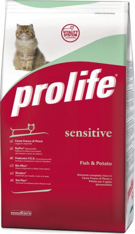 Корм сухой Prolife для кошек с чувствительным пищеварением, рыба, картофель 12 кг
