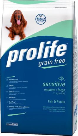Корм сухой Prolife для гиперчувствительных собак средних пород, рыба, картофель, беззерновой, 12 кг