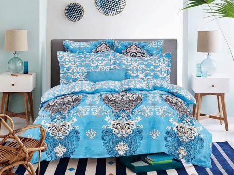 Комплект постельного белья Cleo Satin lux "Топаз" 15/322-SL, голубой, бежевый, 1,5-спальный, наволочки 70х70