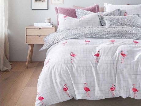 Комплект постельного белья Cleo Satin lux "Фламинго" 20/343-SL, белый, серый, 2-двуспальный, наволочки 70х70