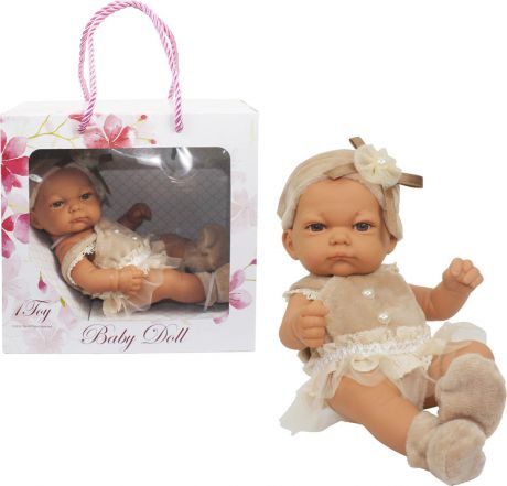Пупс 1TOY Premium Baby Doll 25 см, Т15458, в бежевом платьице, пинетках и шапочке с бантиком