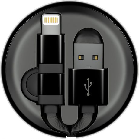 Кабель-рулетка Interstep Lightning + Micro USB 2.0, 65584, черный, 1 м