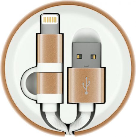 Кабель-рулетка Interstep Lightning + Micro USB 2.0, 65590, белый, золотой, 1 м