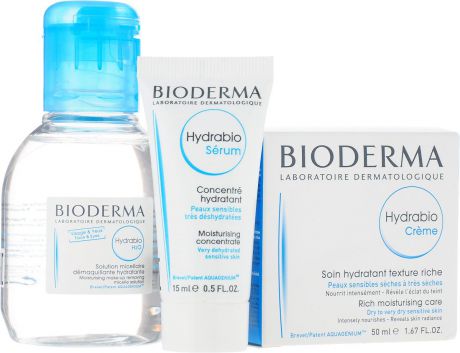 Набор косметики для ухода за кожей Bioderma Hydrabio: Крем, 50 мл + Мицеллярная вода, 100 мл + Сыворотка, 15 мл