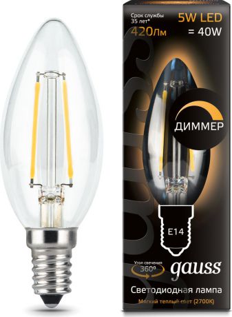 Лампочка Gauss Black Filament LED, свеча, E14, 5W. 103801105-D