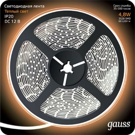 Светодиодная лента Gauss Black, 312000105, LED, 2835/60-SMD, 4.8W, 12V, DC, теплый белый, 5 м