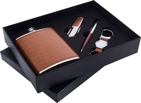 Сувенирный набор Русские Подарки, 46070 Фляжка, 230 мл + Нож складной + Ручка + Брелок