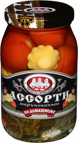Овощные консервы Скатерть-Самобранка ассорти из огурцов, черри и патиссонов, 900 мл