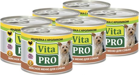Корм консервированный Vita Pro Мясное меню, для собак, индейка с кроликом, 6 шт по 200 г