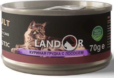 Корм консервированный Landor, для взрослых кошек, куриная грудка с лососем, 70 г