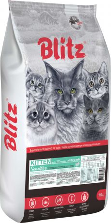 Корм сухой Blitz, для котят, беременных и кормящих кошек, индейка, 10 кг