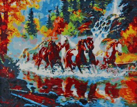 Набор для живописи Рыжий кот "Табун лошадей на реке в лесу", 50 х 40 см