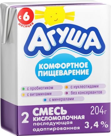 Смесь кисломолочная 3,4% с 6 месяцев Агуша-2, 204 г