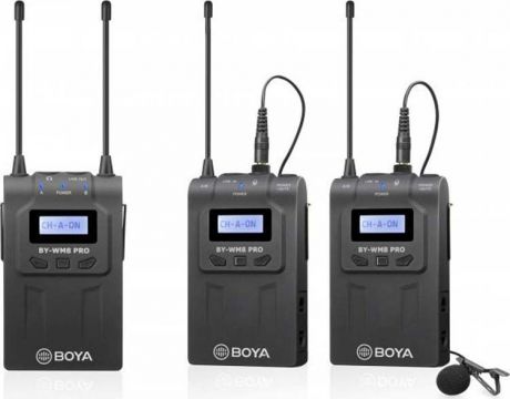 Двухканальная УКВ беспроводная микрофонная система Boya BY-WM8 Pro-K2, передатчик TX8 + приёмник RX8, 48 каналов УКВ, 576,4 МГц-599,9 МГц, 40 Гц-18 кГц, 100 м