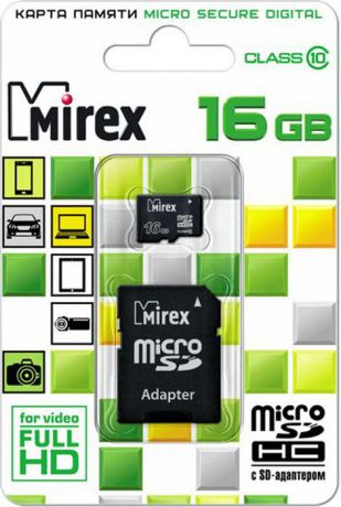 Карта памяти Mirex microSD Сlass 10, с адаптером, 13613-AD10SD16, 16GB, black