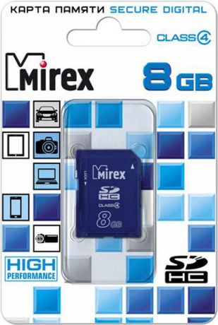 Карта памяти Mirex SD Сlass 4, 13611-SDCARD08, 8GB, blue