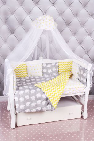 Комплект постельного белья детский AmaroBaby Совята Premium, бязь, желтый, серый, 18 предметов