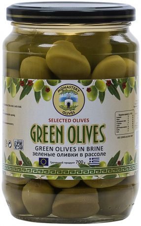 Зеленые оливки с косточкой Монастырские оливы, 700 г