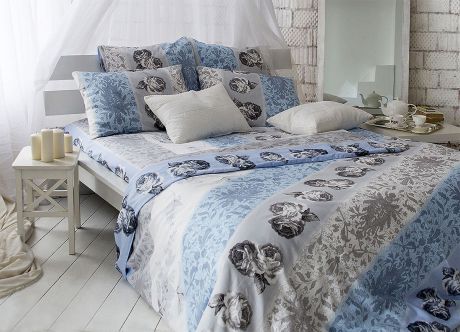 Комплект постельного белья Tiffany's Secret Секреты вдохновения Небесный эскиз, семейный, 2040815194, наволочки 50х70, 70х83, голубой, белый, серый