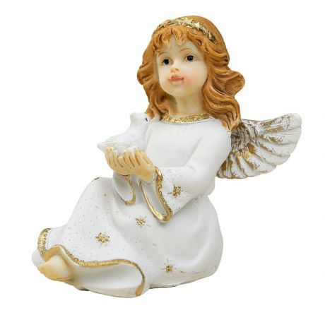 Фигурка декоративная "Ангелочек в белом платье с золотым воротником с голубем", 8 х 7 х 6 см