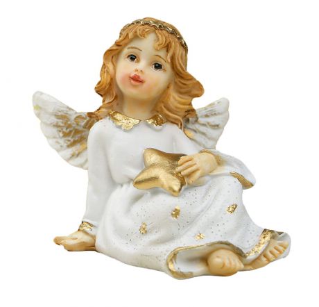 Фигурка декоративная "Ангелочек в белом платье с золотым воротником со звездой", 6,5 х 9 х 6 см