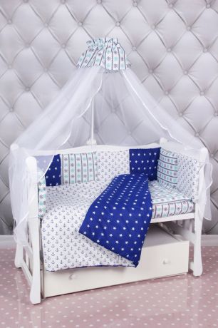 Комплект в кроватку AmaroBaby "Бриз", синий, белый, 18 предметов (6+12 подушек-бортиков)