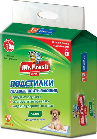 Пеленка-подстилка для животных Mr.Fresh Expert Start, впитывающая, гелевый наполнитель, 60 х 60 см, 12 шт