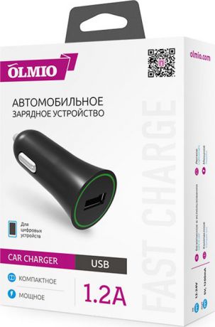 Автомобильное зарядное устройство Olmio 38635 USB 1,2А, черный