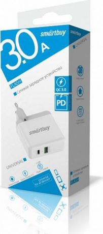 Сетевое зарядное устройство SmartBuy Flash SBP-2024C, USB QC 3.0+Type-C Рower delivery, 36 Вт, 3А, белый