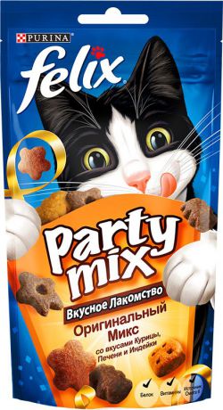 Лакомство для кошек Felix Party Mix "Оригинальный Микс", cо вкусами курицы, печени и индейки, 60 г