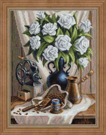 Картина стразами Алмазная Живопись "Белые розы и черный кофе" (АЖ-1657), 40 цветов, 30х40 см