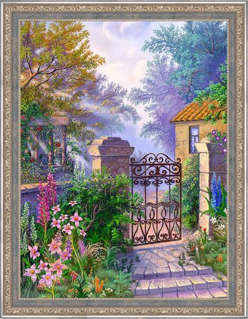 Картина стразами Алмазная Живопись "Калитка в саду" (АЖ-1329), 35 цветов, 30х40 см