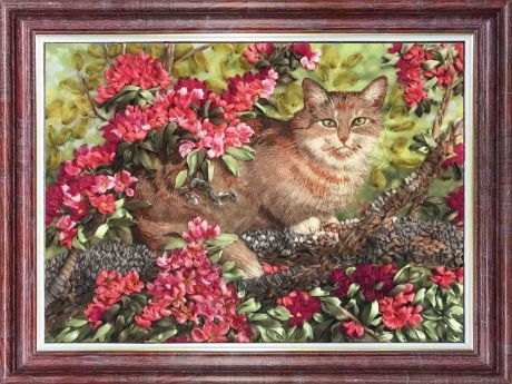 Набор для вышивания лентами Каролинка "Кот в цветах", кл(н) 3024, 26 х 34,7 см