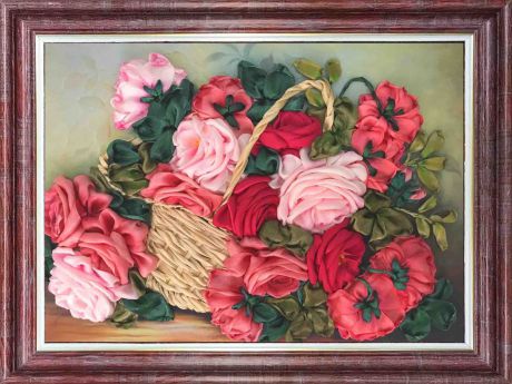 Набор для вышивания лентами Каролинка "Корзина с розами", кл(н) 3027, 25 х 32,5 см