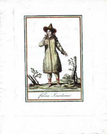 Гравюра Жак де Сен-Совер Жительница Курил. Смешанная техника, ручная раскраска. Франция, Париж, 1796 год
