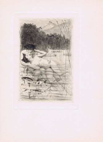 Гравюра Поль-Эмиль Бека Откровенное купание. Офорт, сухая игла. Франция, Париж, 1954 год