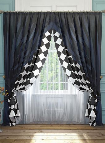Комплект штор Томдом Танто, белый, черный, синий