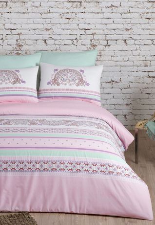 Комплект постельного белья Arya home collection Electra, розовый, белый, салатовый