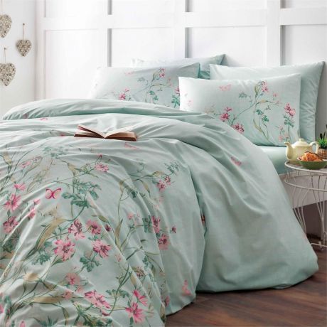 Комплект белья ТАС Flores, 1,5-спальный, наволочки 50x70, цвет: мятный. 4080-34516