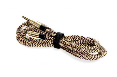 Кабель Gurdini 908206 AUX 3.5-3.5 мм Stereo+Microphone плетеный 1.5 м, черный, золотой