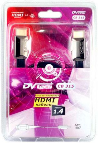 Кабель Dvtech CB315, HDMI 1.4, flat, черный, 3 м