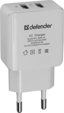 Сетевой адаптер Defender EPA-12 2 порта USB 5V/2А, 83530