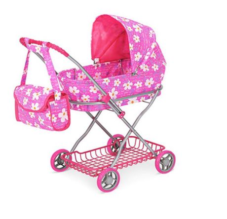 Транспорт для кукол 9325 коляска металлическая с сумкой и сеткой розовый